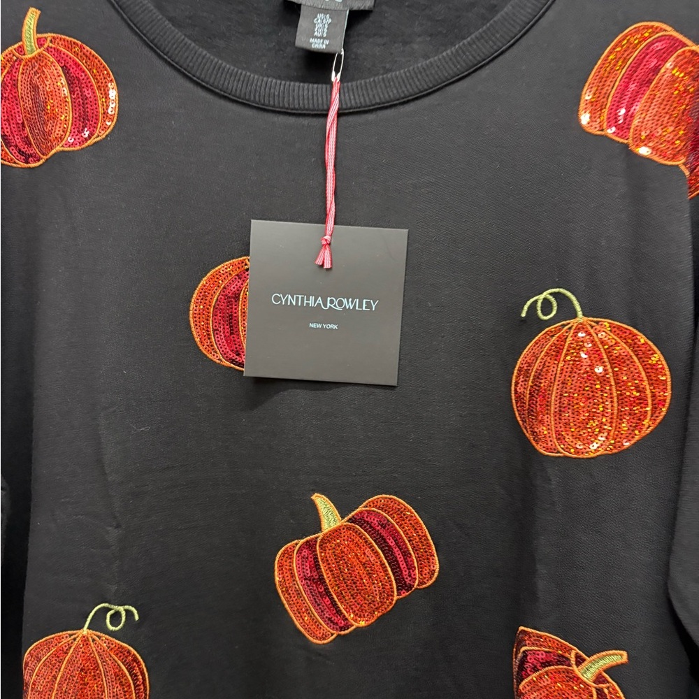 Cynthia Rowley Black Top with Red and Orange Pumpkin Design
